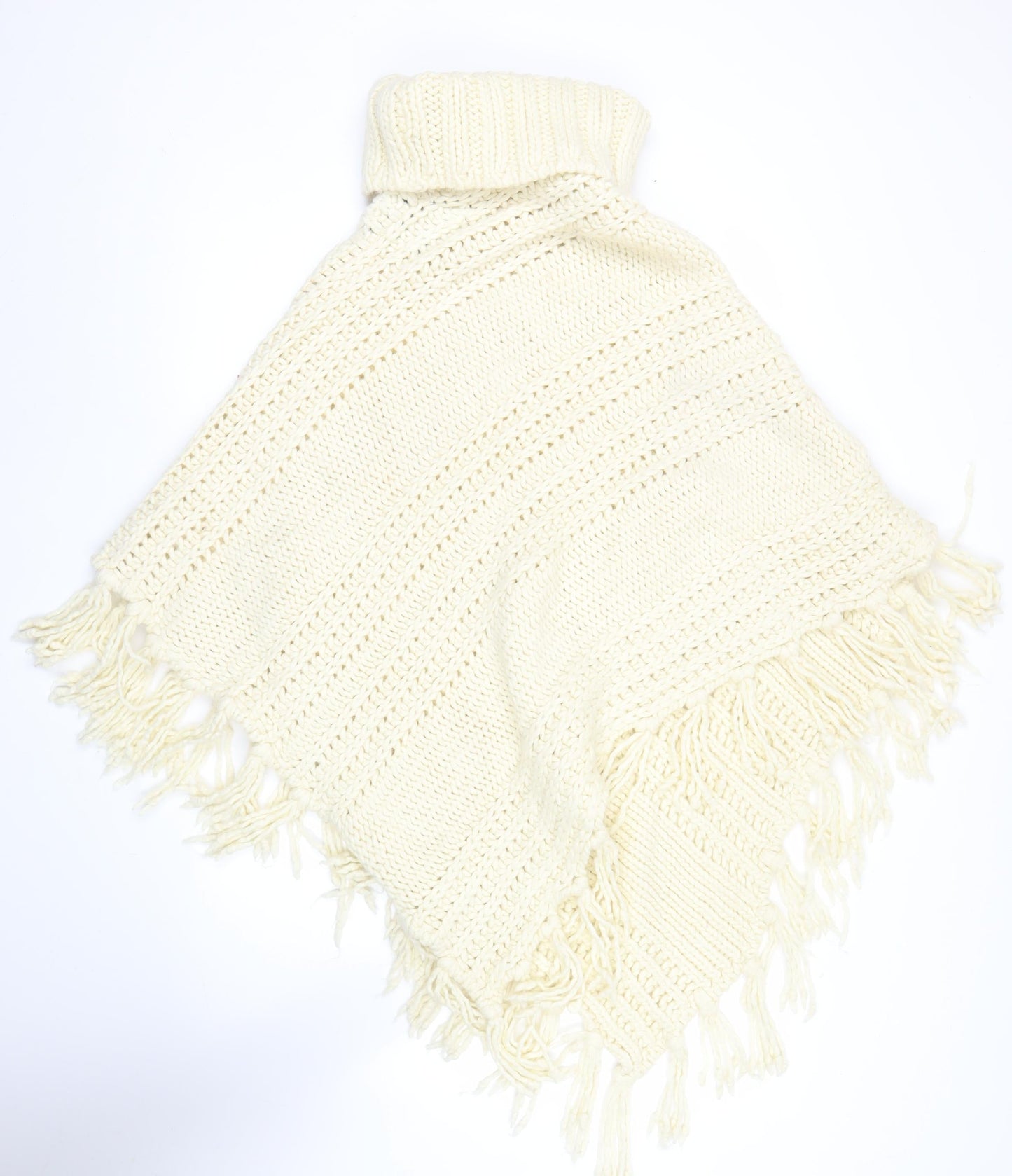 Next Women’s Ivory Roll Neck Chunky Knit Cape L Fringe Trim