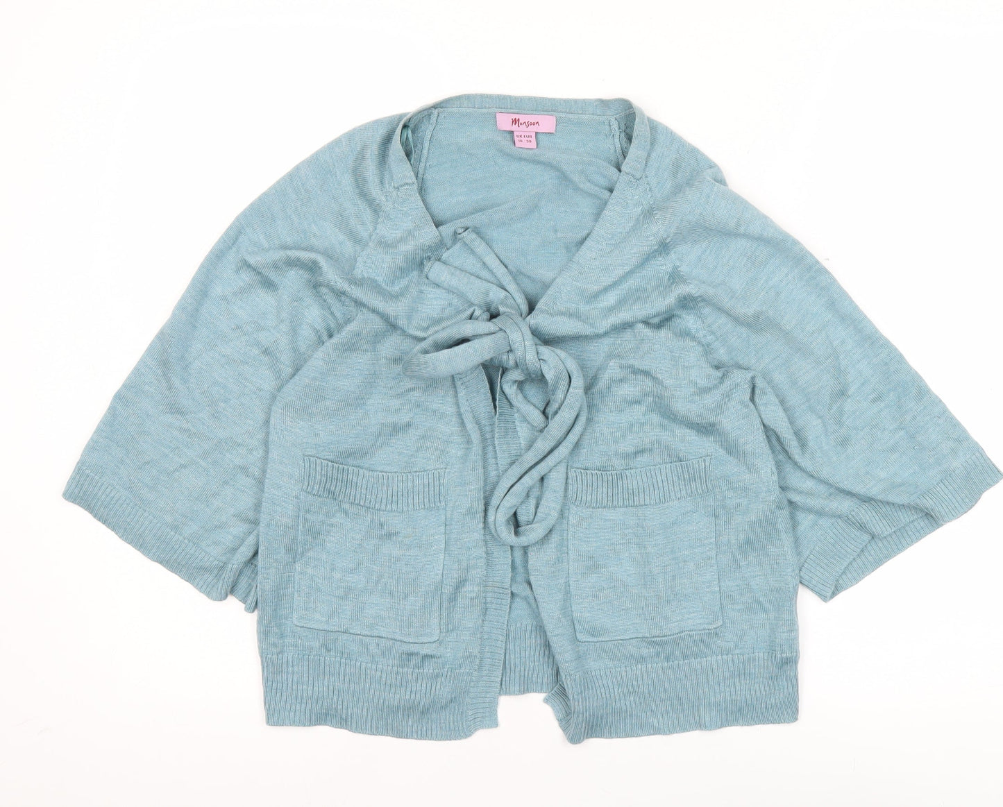Monsoon Women’s Blue Cardigan UK 10 V-Neck Bow Detail 3/4 Sleeve