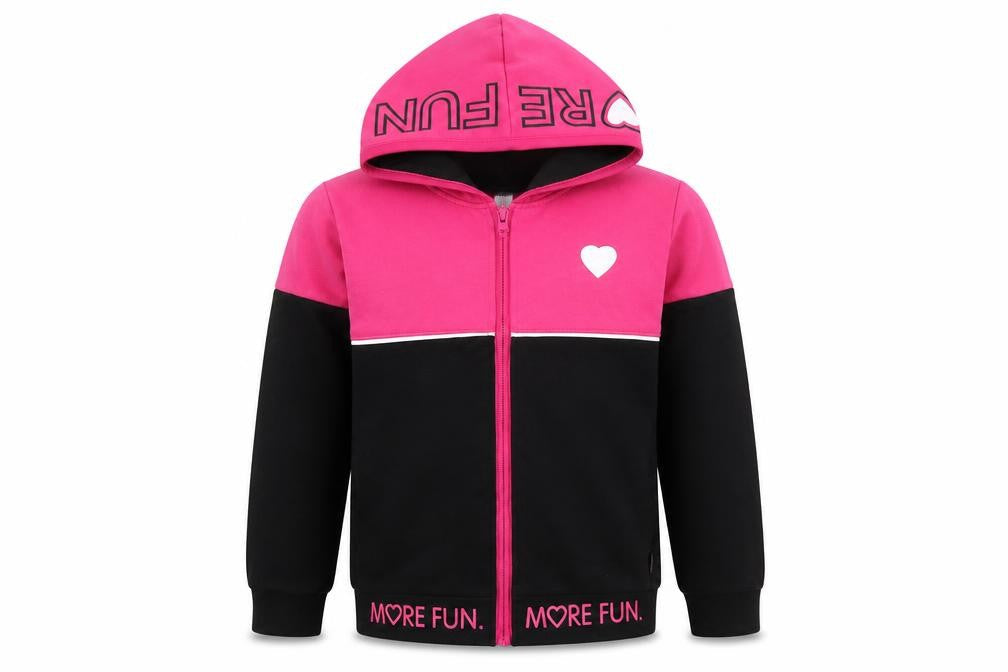 Front view of Sedra girls’ pink & black hooded cotton full zip jacket, size 12, years