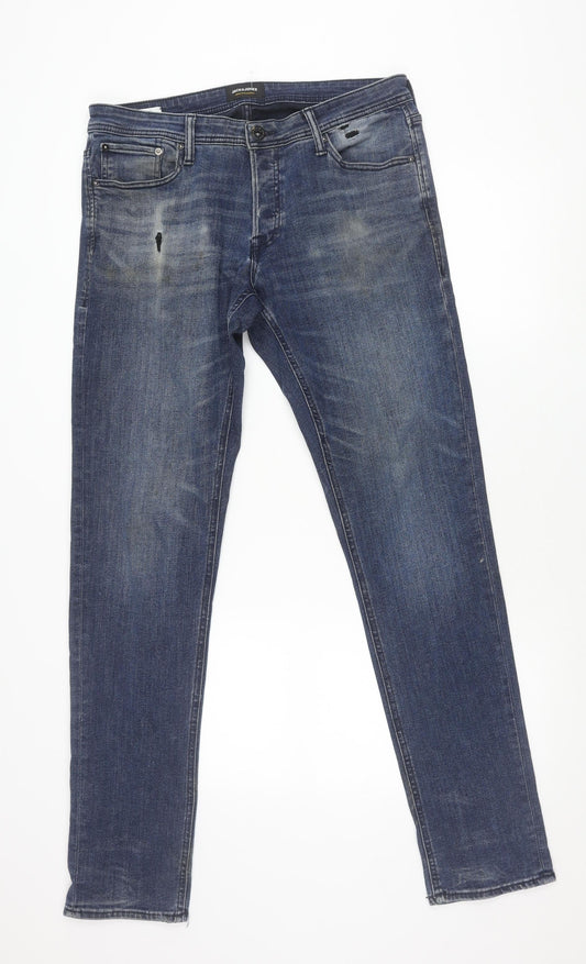 Jack & Jones Men’s Blue Slim Fit Glenn Denim Jeans Size 34 Distressed