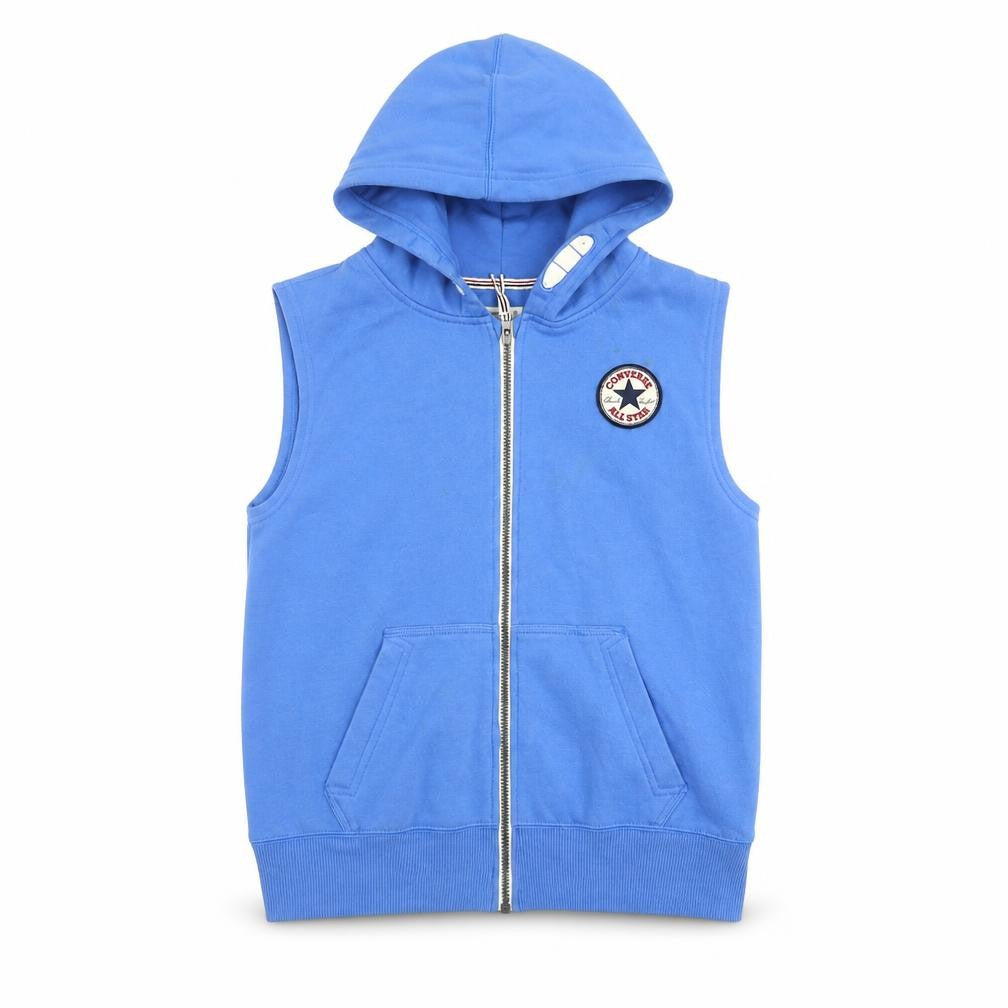 Front view of Converse boys’ blue hooded sleeveless zip up waistcoat jacket 12-13 years