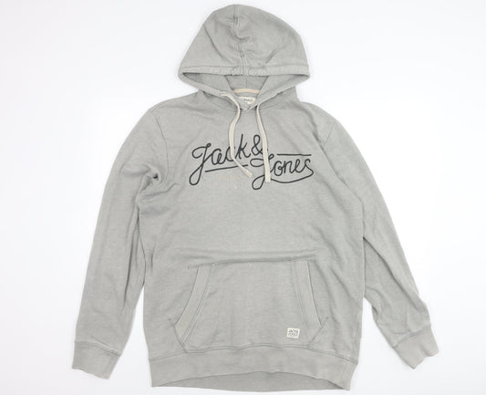 Jack & Jones Mens Grey XL Pullover Hoodie Logo Graphic Sweatshirt