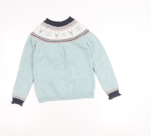 FatFace Girls Blue Fair Isle Reindeer Jumper Age 8 Crew Neck Winter Knitwear