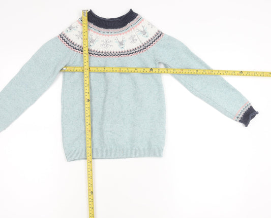 FatFace Girls Blue Fair Isle Reindeer Jumper Age 8 Crew Neck Winter Knitwear