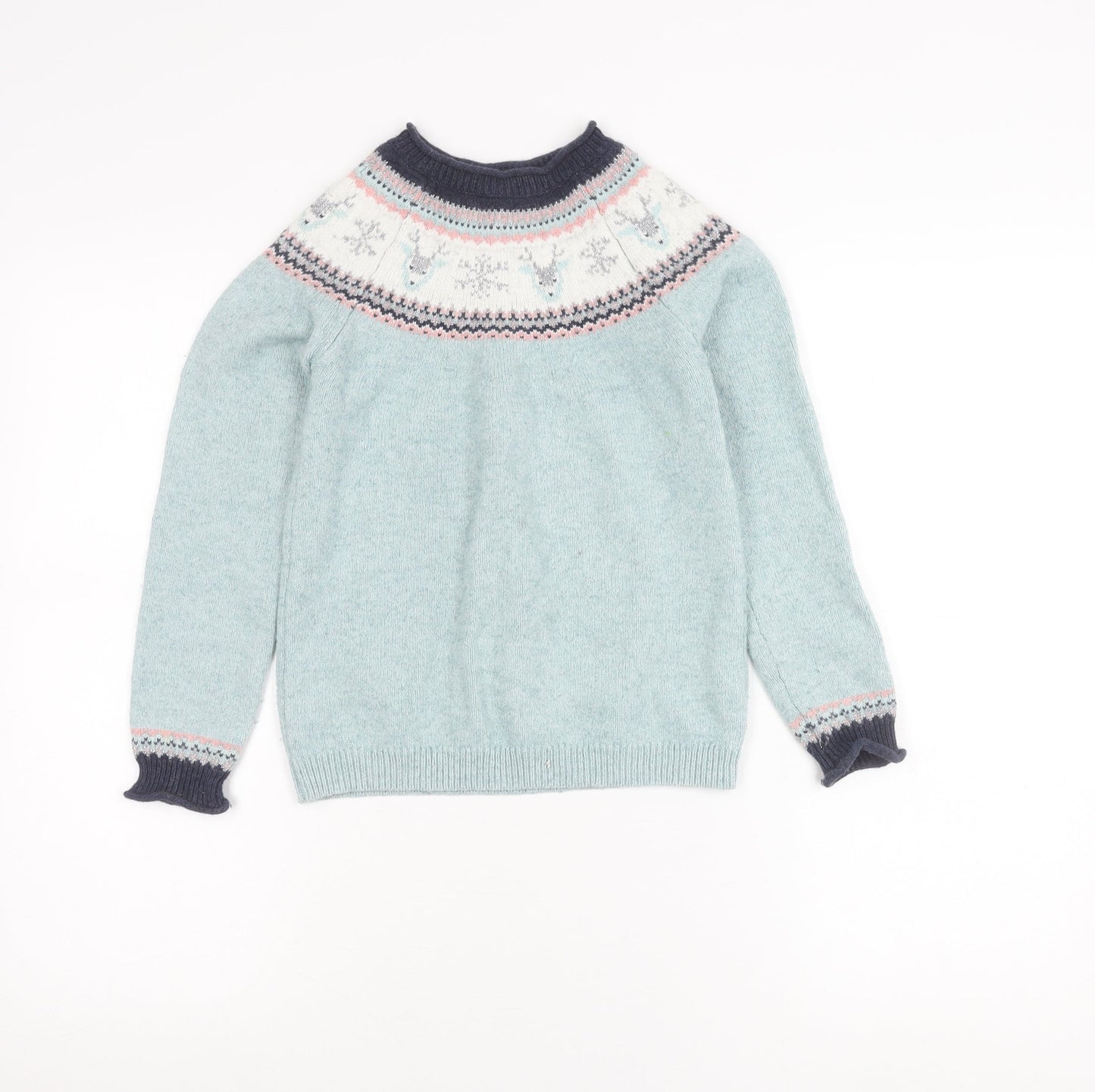 FatFace Girls Blue Fair Isle Reindeer Jumper Age 8 Crew Neck Winter Knitwear