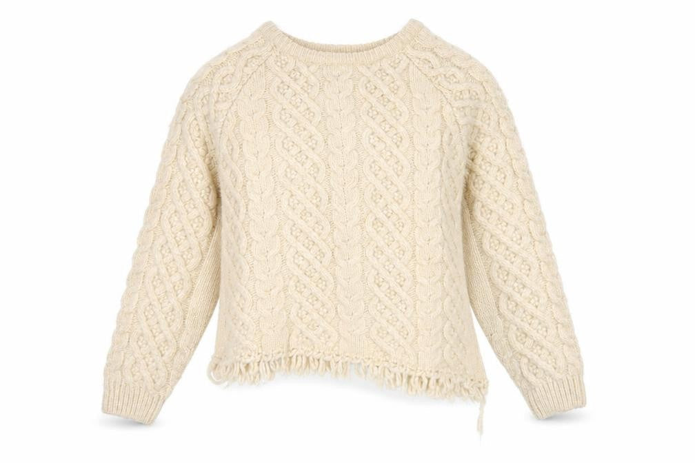 Zara Women Ivory Cable Knit Cardigan M Long Sleeve Crew Neck Fringed