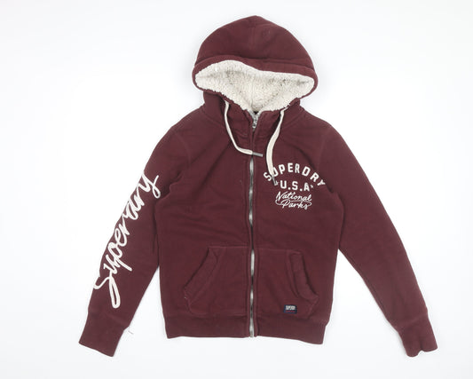 Superdry Women’s Burgundy Full Zip Hoodie M Sherpa Lined Casual