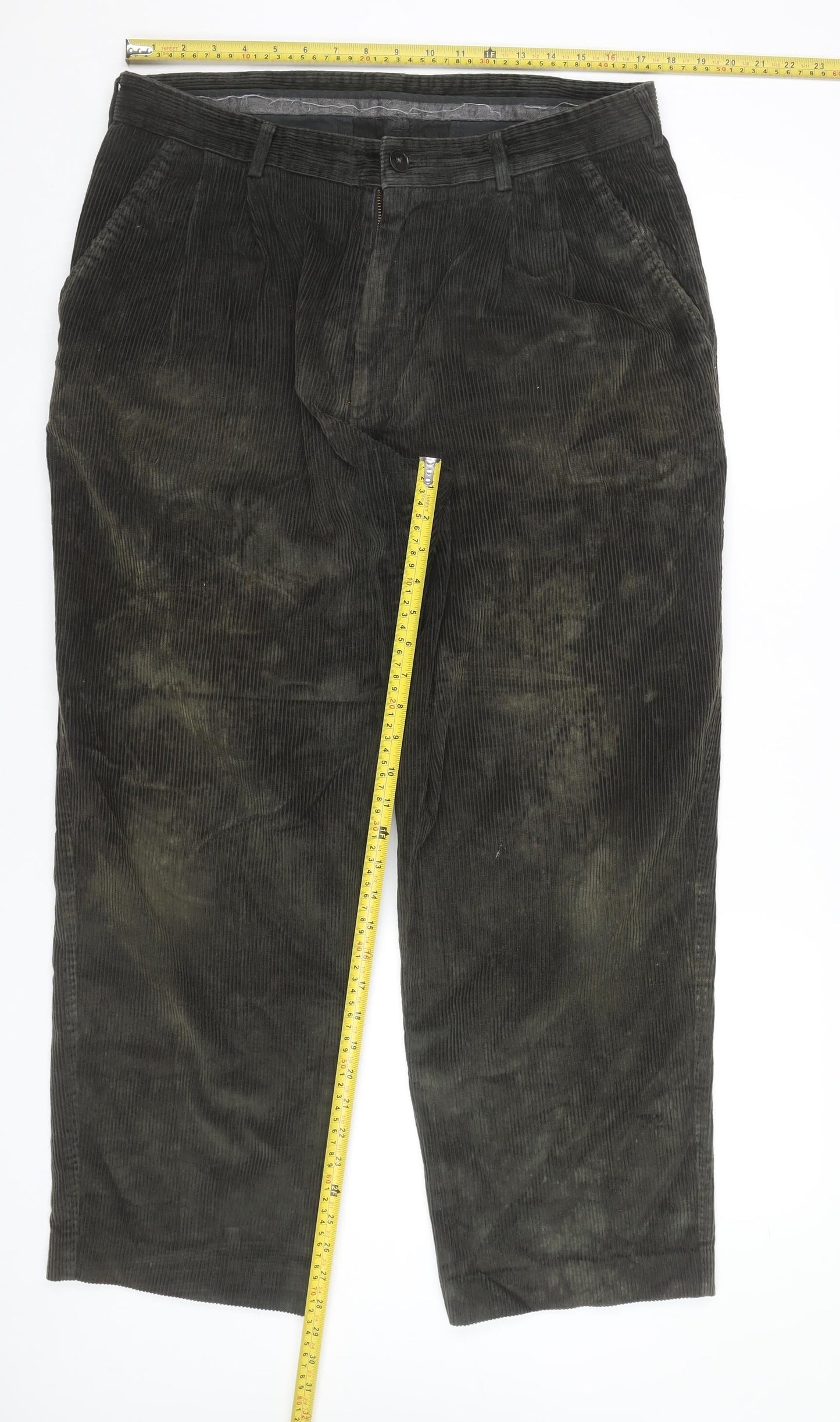 Marks & Spencer Men's Green Corduroy Pleated Trousers 36W 31L