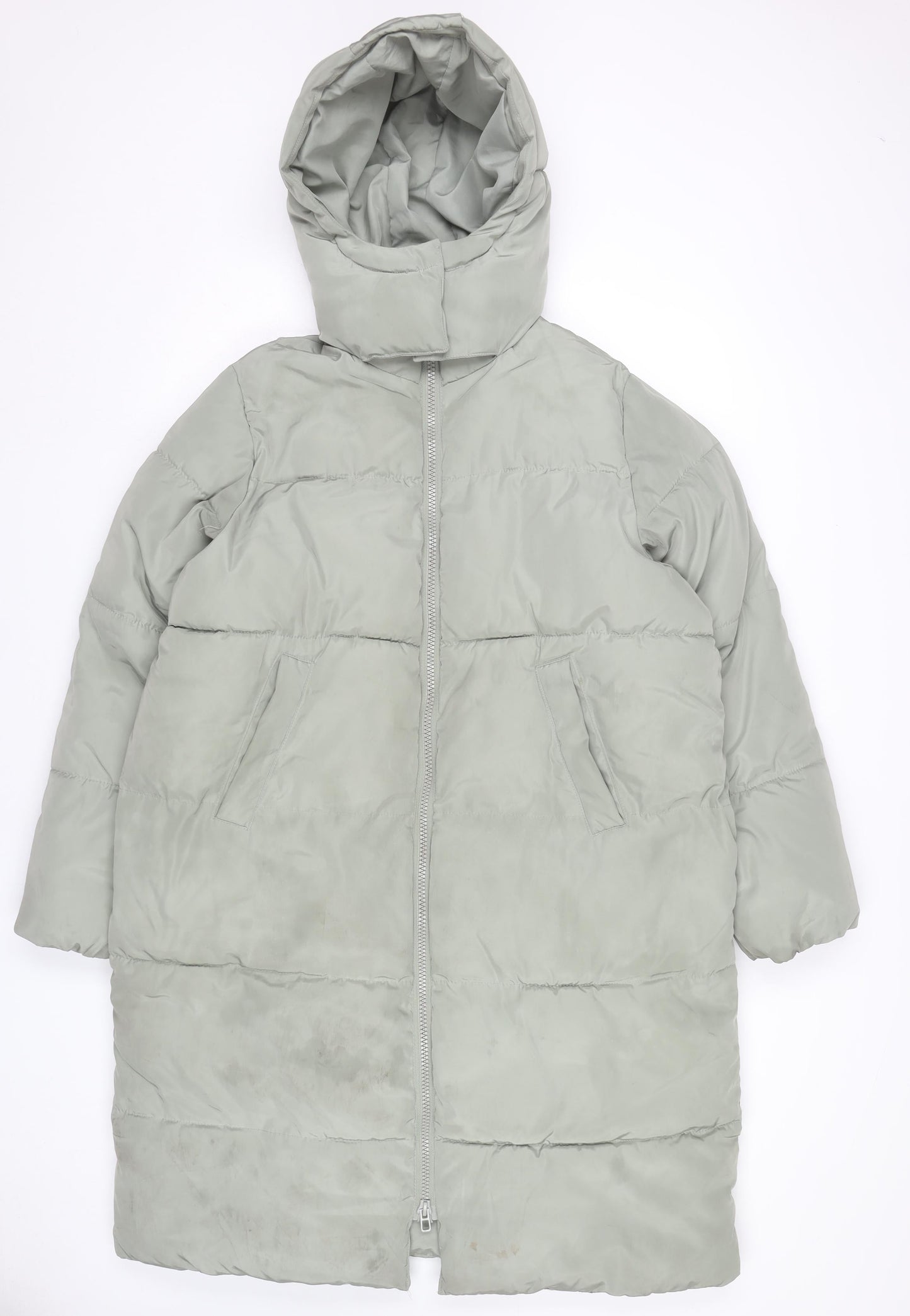 H&M Womens Grey Puffer Coat Size 8 Long Hooded Winter Jacket