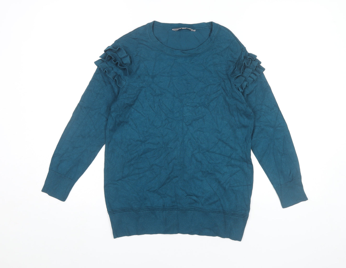 Principles Womens Blue Jumper Size 10 Crew Neck Long Sleeve Ruffle Knit
