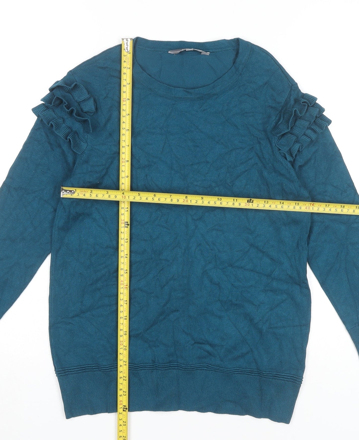 Principles Womens Blue Jumper Size 10 Crew Neck Long Sleeve Ruffle Knit