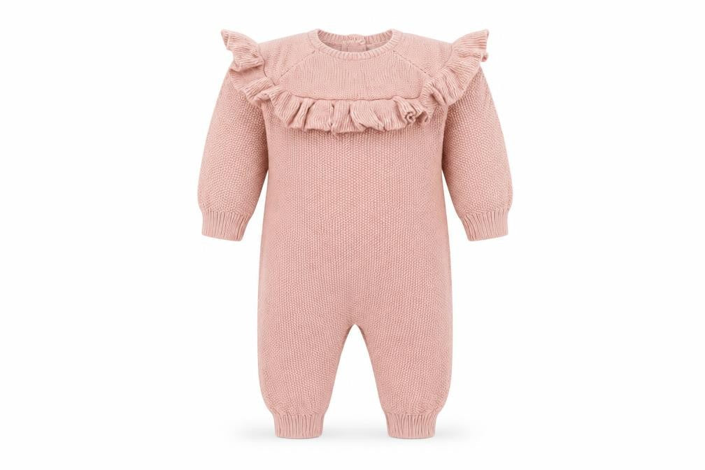 Front view of mamas & papas girls’ pink 0-3 months cotton knit ruffle babygrow