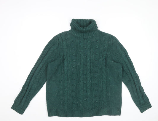 Lands' End Womens Green Roll Neck Cable-Knit Jumper Size L