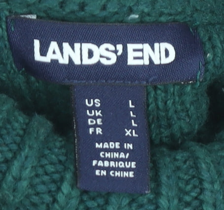 Lands' End Womens Green Roll Neck Cable-Knit Jumper Size L