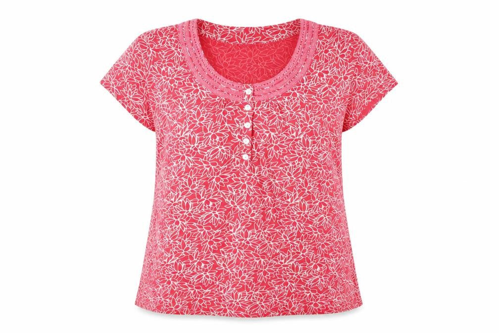 Dash Womens Red Floral Cotton T-Shirt UK 10 Short Sleeve