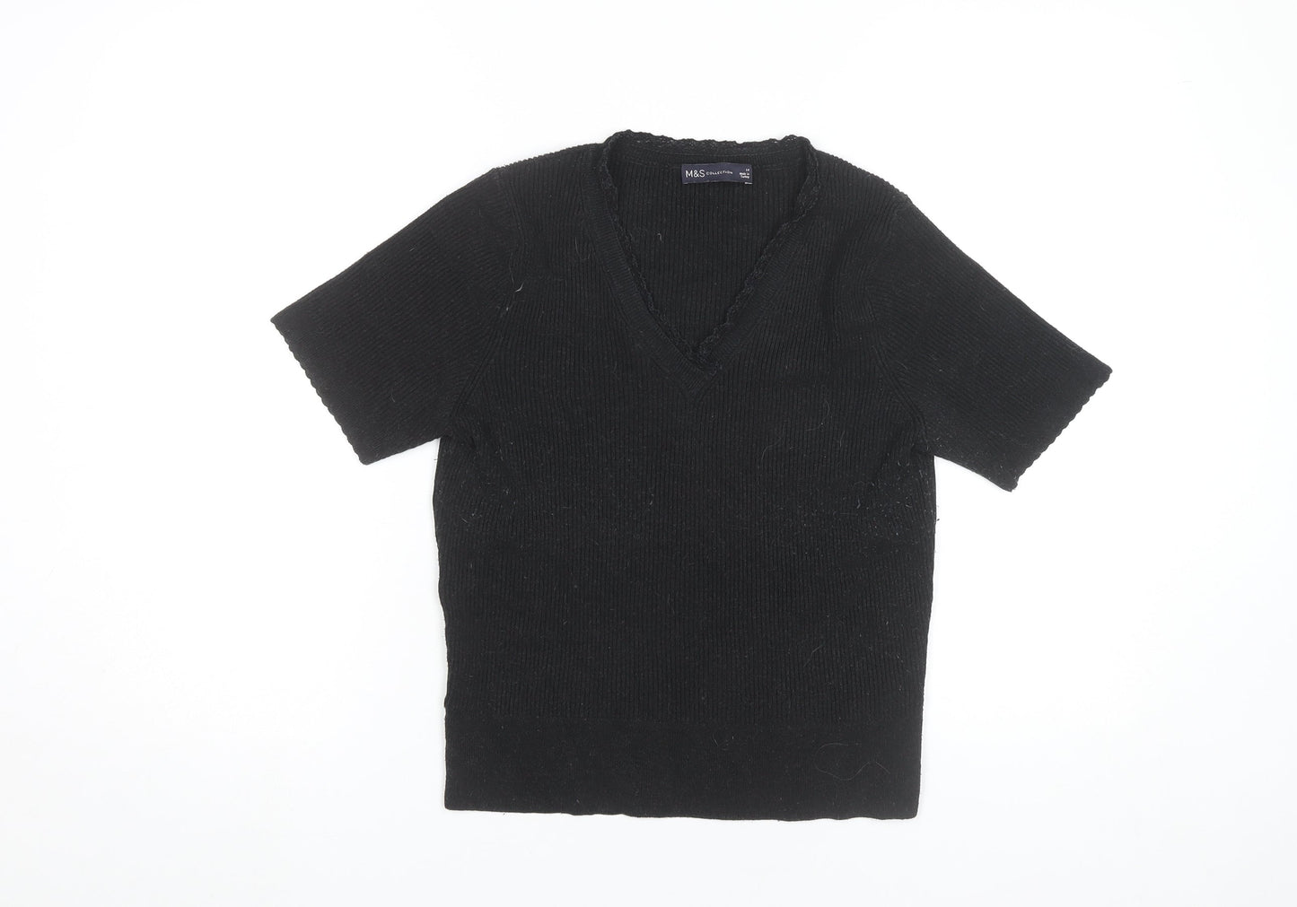 Marks and Spencer Women Black Size 14 Knit V-Neck Short Sleeve Top