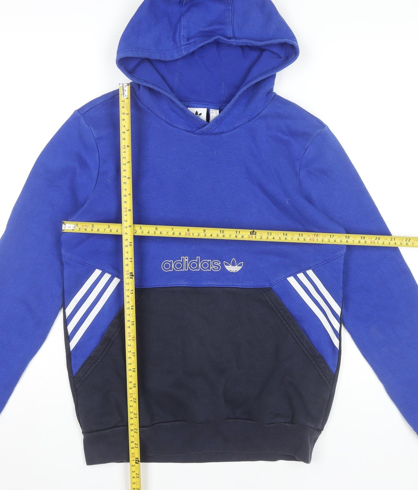 Adidas Boys Blue Pullover Hoodie 13-14 Years Logo Colourblock Hooded Top