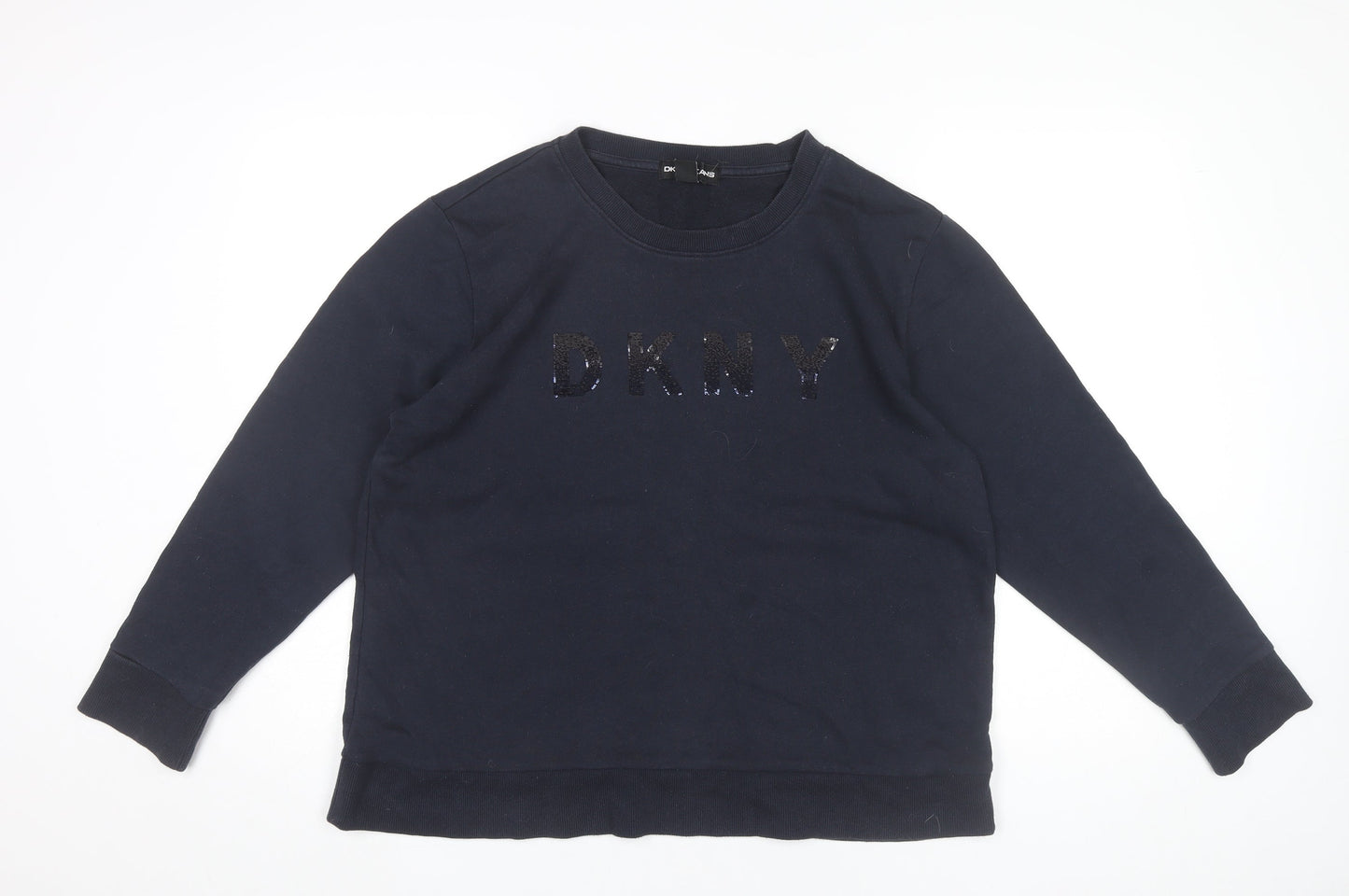 DKNY Womens Black Logo Sequin Pullover Sweatshirt Size L