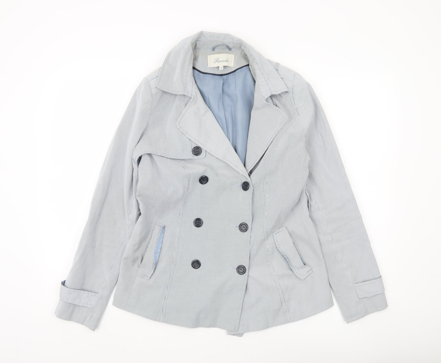 Peacocks Women Blue Striped Pea Coat Jacket Size 10