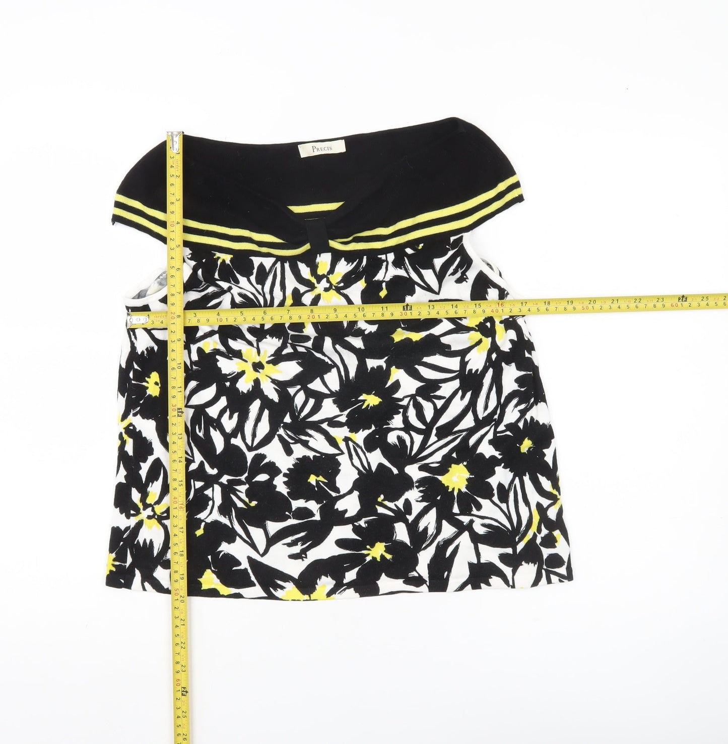 Precis Womens Black White Yellow Floral Sleeveless Tunic Blouse L