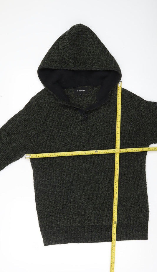 Firetrap Mens Green L Hooded Pullover Jumper Chunky Knit