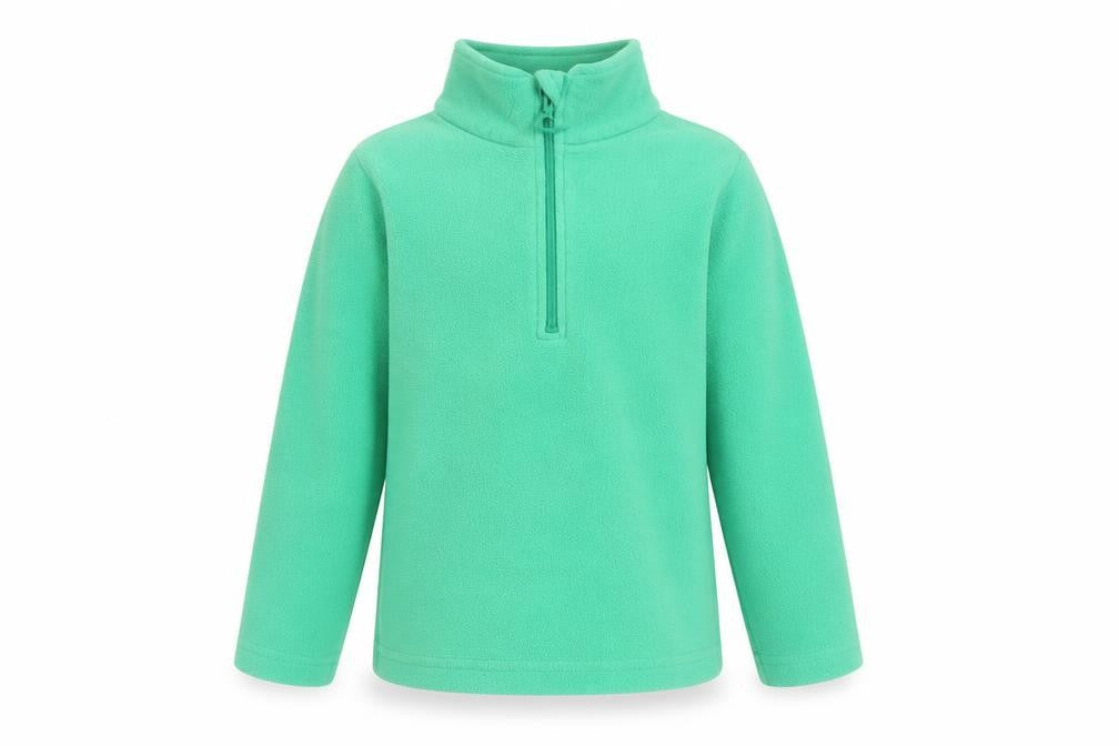 Front view of Mountain Warehouse boys’ green fleece 1/4 zip sweatshirt 5-6 years