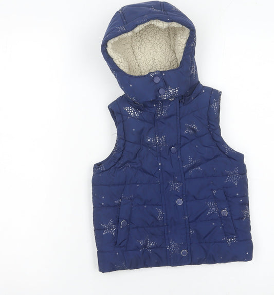 Joules Girls Blue Puffer Waistcoat 2 Years Hooded Star Print Quilted Gilet