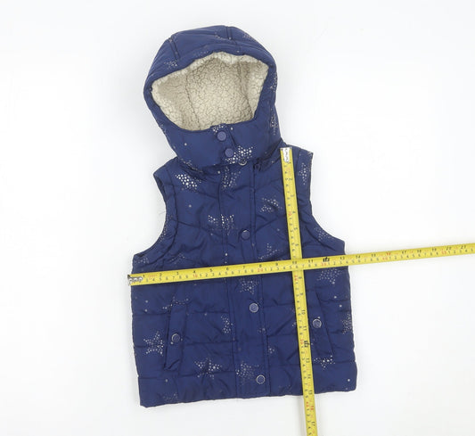 Joules Girls Blue Puffer Waistcoat 2 Years Hooded Star Print Quilted Gilet