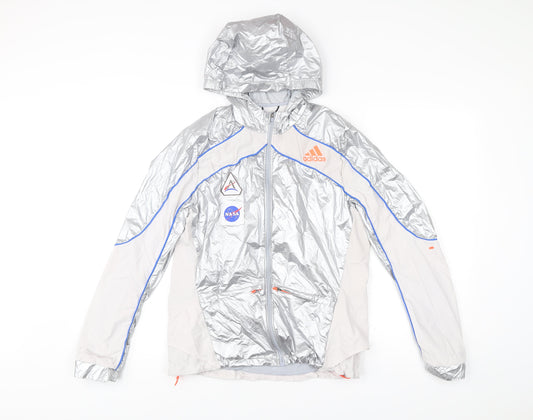 Adidas Mens Silver Windbreaker Jacket Hooded Running NASA M