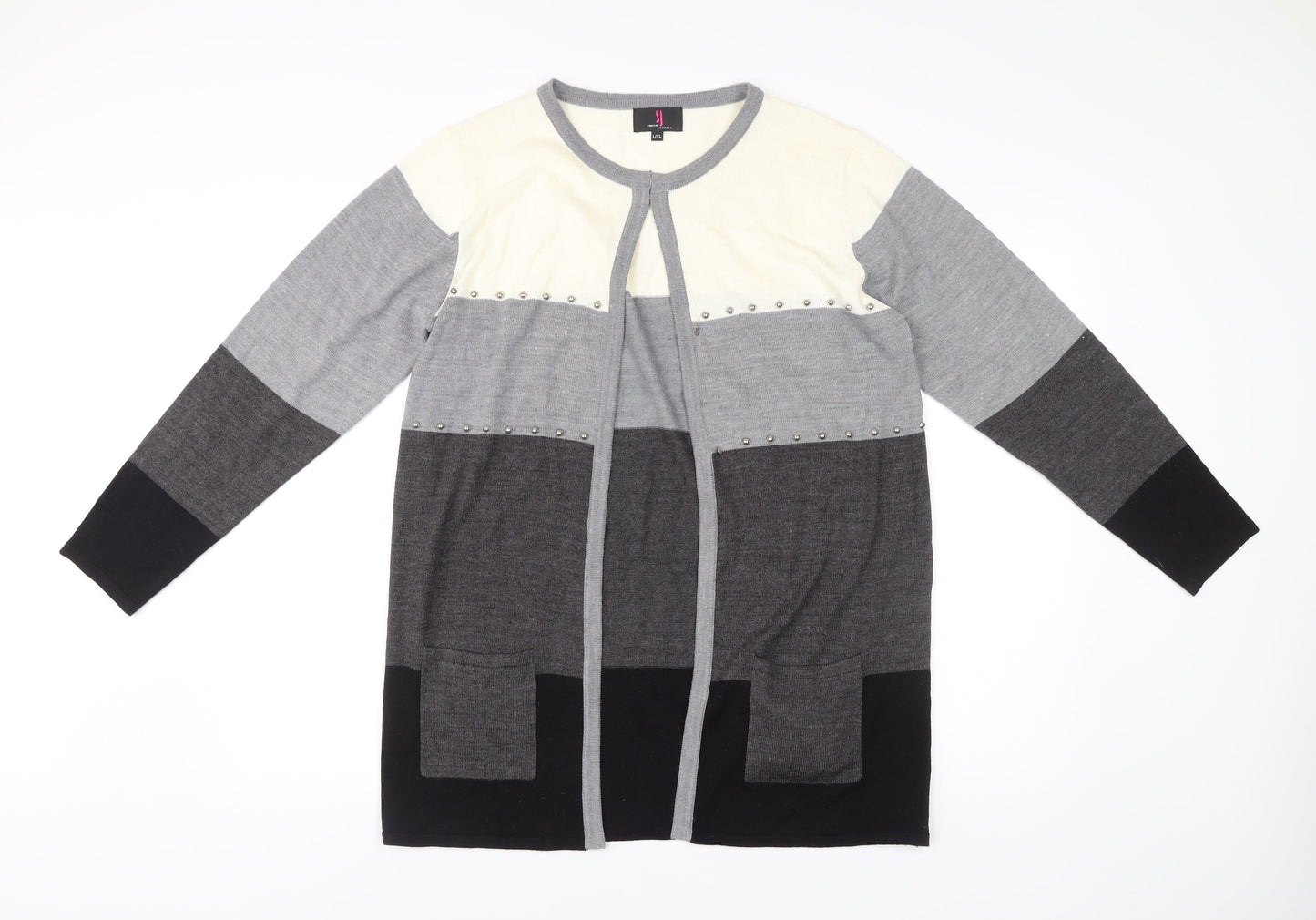 Simon Jeffrey Women’s Grey Black Ivory Studded Open Cardigan L/XL