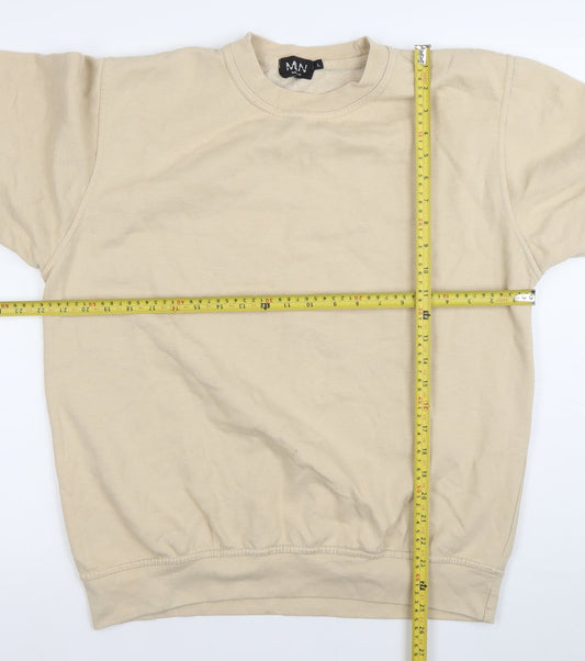 boohooMAN Men's Beige Pullover Sweatshirt L Graphic Print Crew Neck