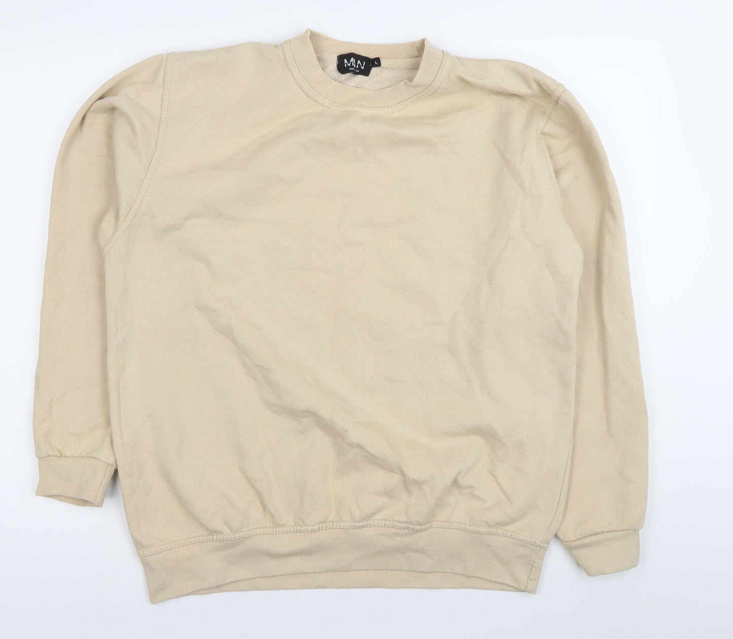 boohooMAN Men's Beige Pullover Sweatshirt L Graphic Print Crew Neck