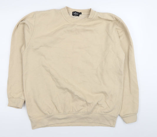 boohooMAN Men's Beige Pullover Sweatshirt L Graphic Print Crew Neck