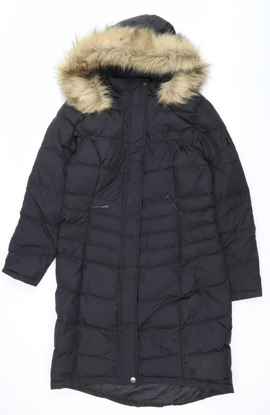 Karrimor Womens Black Long Puffer Coat UK 16 Hooded Fur Trim