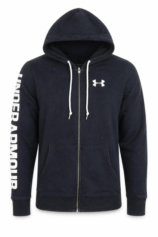 Front view of Under Armour boys’ black full zip hoodie sweatshirt, size S, logo hooded