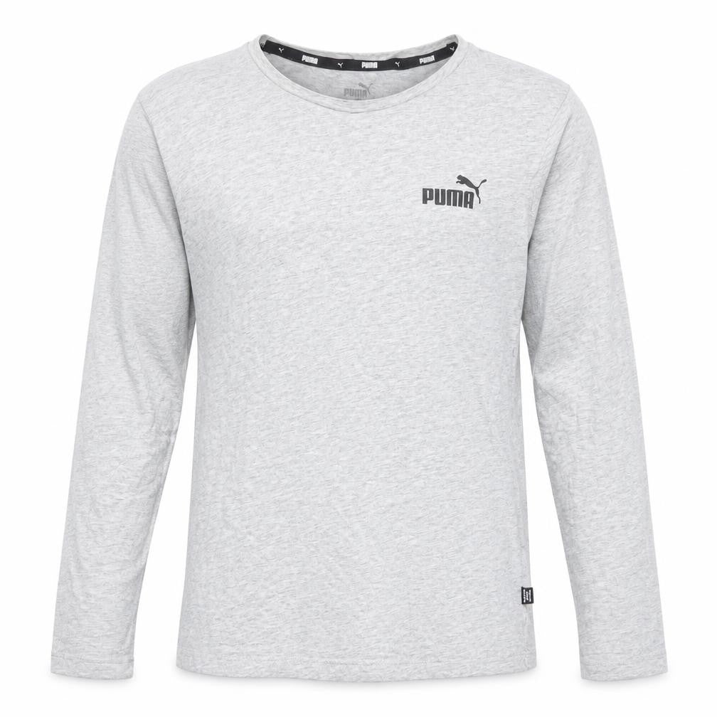 Front view of Puma boys’ grey long sleeve sports t-shirt, size S, cotton crew neck