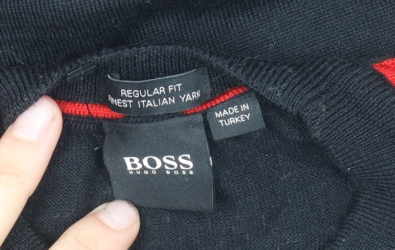 Hugo Boss Men Black Wool Jumper L Regular Fit Crew Neck Pullover