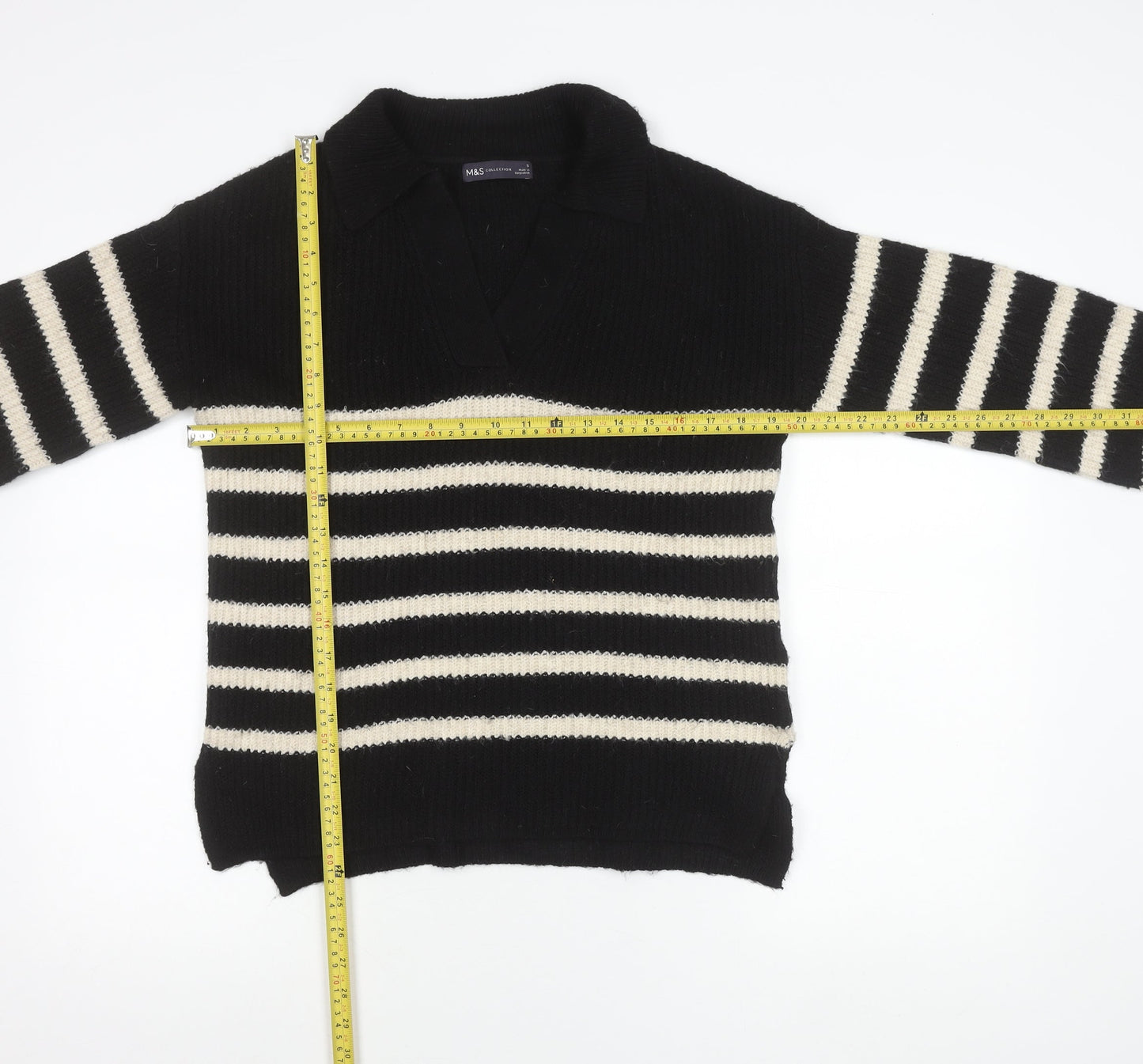 Marks and Spencer Women’s Black Stripe Collared Pullover Jumper S