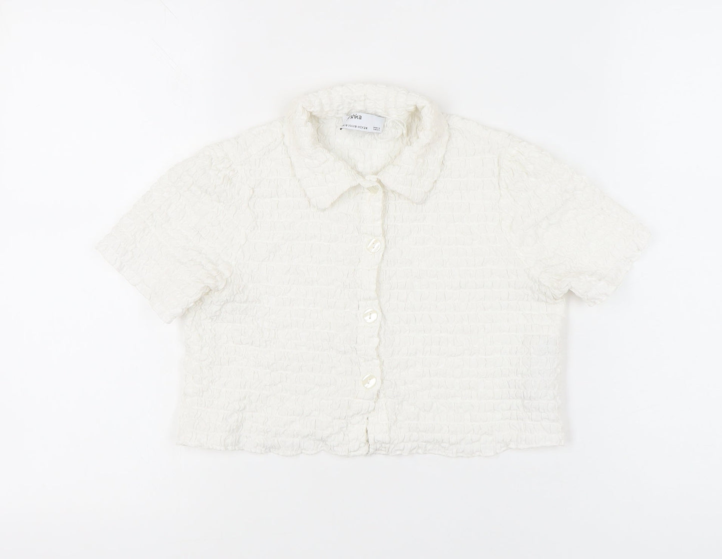 Bershka Women Ivory XS Cropped Button-Up Collared Shirt