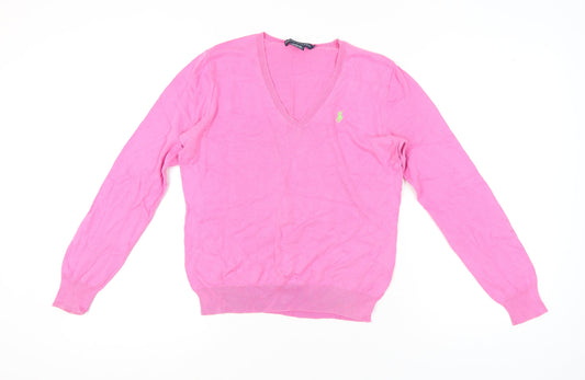 Ralph Lauren Womens Pink V-Neck Cotton Jumper Size L