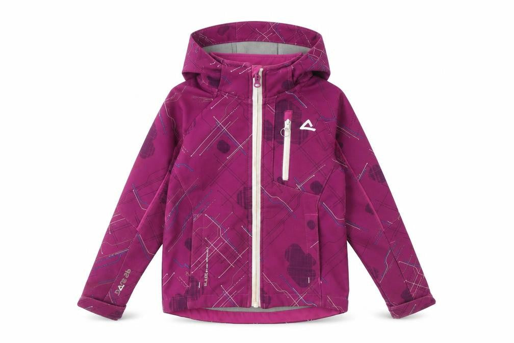 Front view of Dare 2b girls’ purple softshell hooded jacket coat 5-6 years waterproof