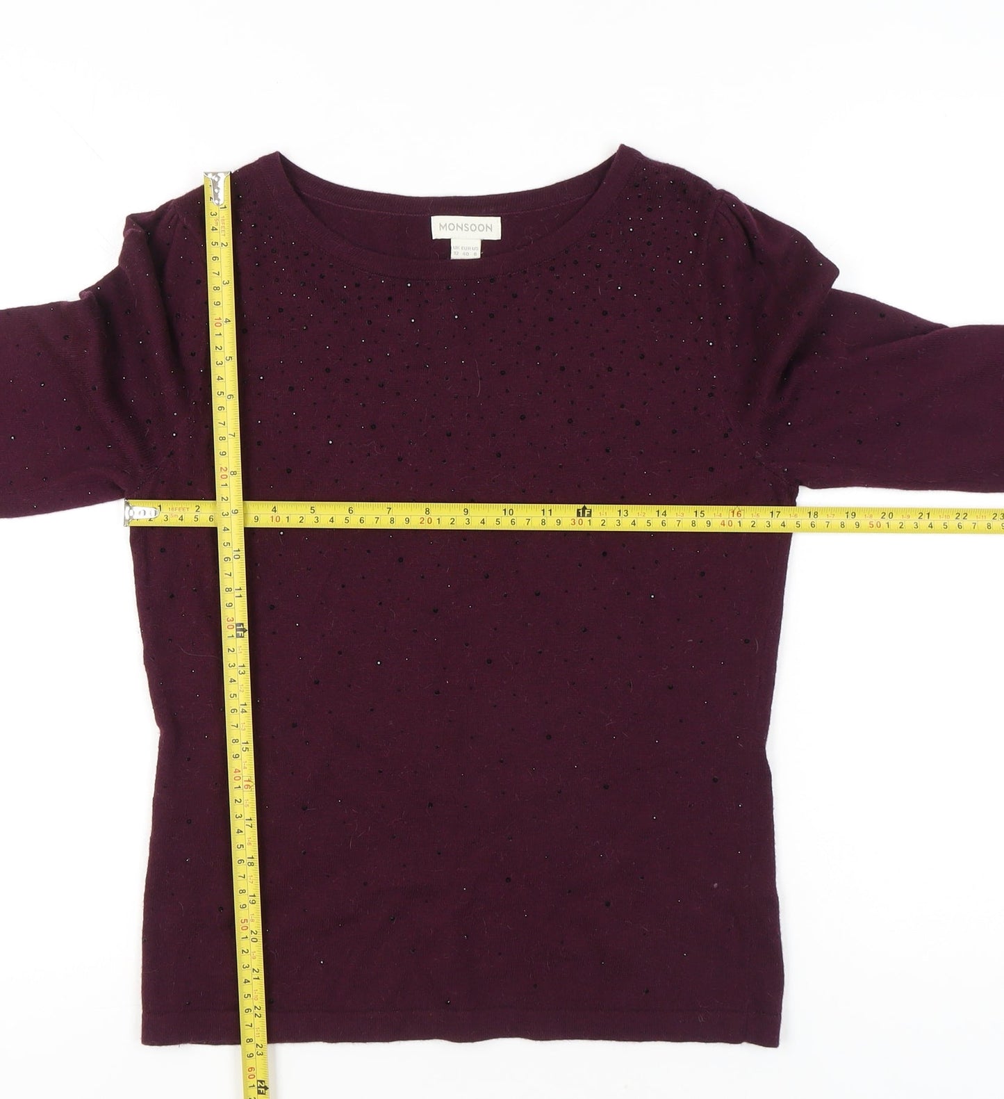 Monsoon Womens Purple Beaded Jumper Size 12 Crew Neck Pullover