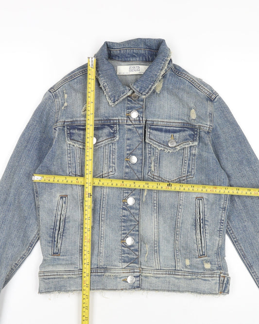 Zara Women Blue Denim Distressed Jacket Size 8 Casual Buttoned