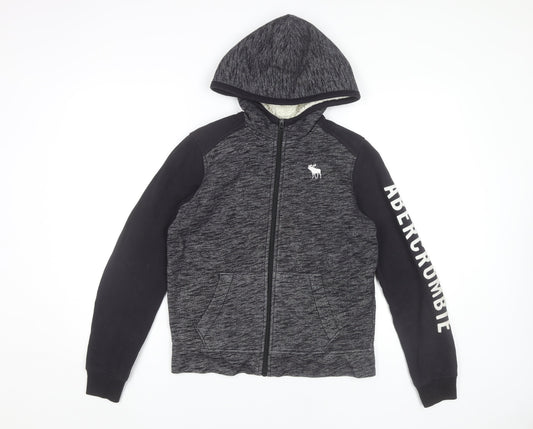 Abercrombie Kids Boys Black Grey Full Zip Hoodie 13-14 Years Logo Print