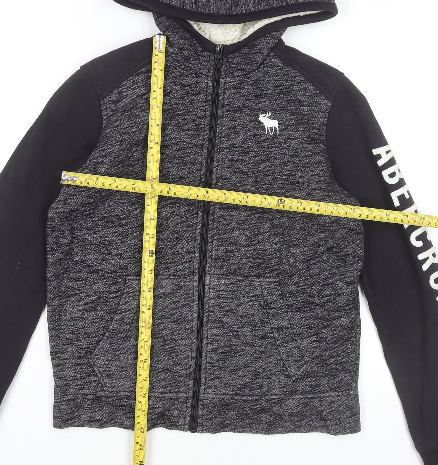 Abercrombie Kids Boys Black Grey Full Zip Hoodie 13-14 Years Logo Print