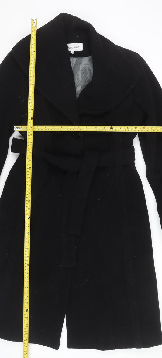 Calvin Klein Women's Black Wool Blend Long Overcoat Size 6 Belted