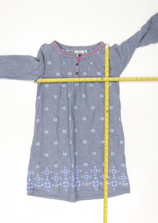 FatFace Girls Blue Floral Embroidered Shift Dress 7 Years Cotton Long Sleeve