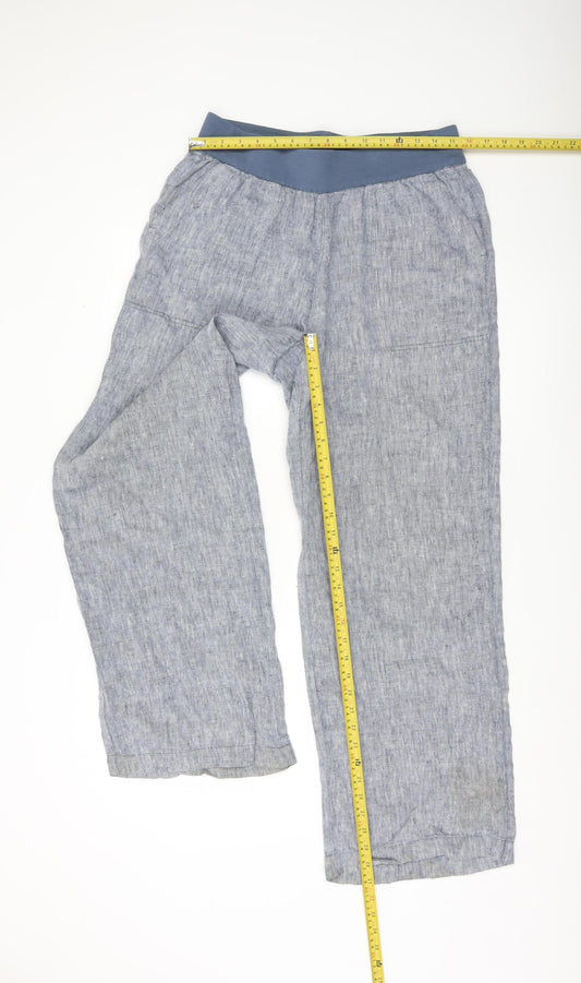 Lands' End Women’s Blue Linen Blend Elastic Waist Straight Leg Trousers Size 14