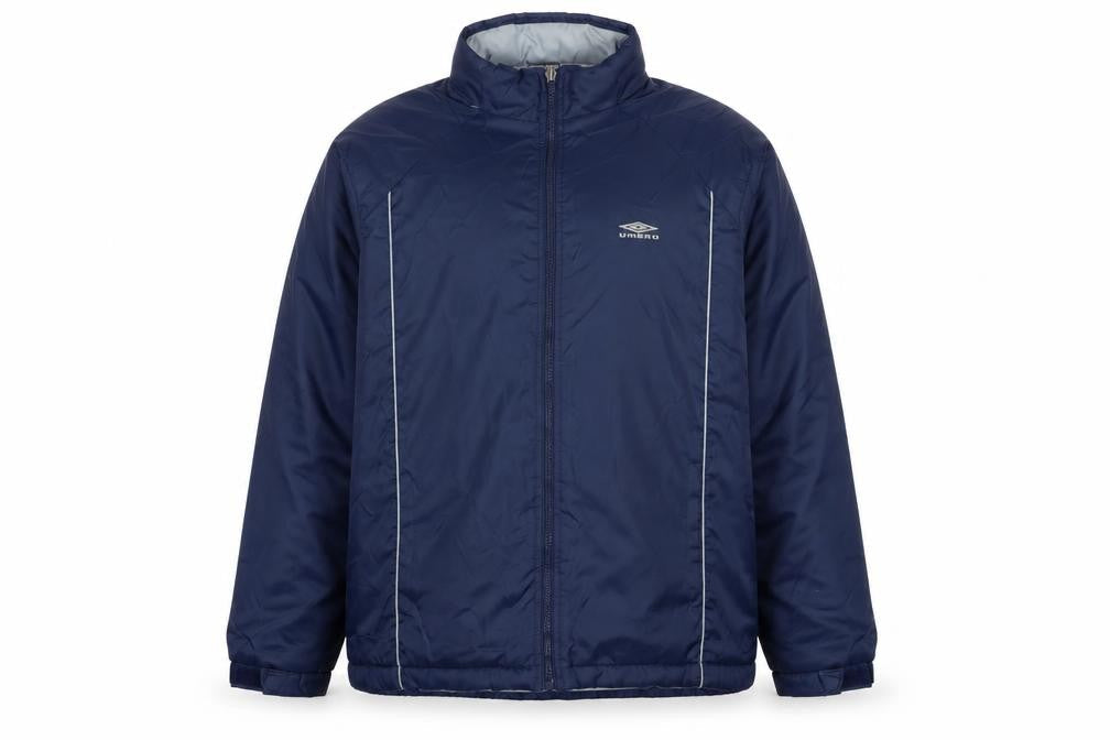 Front view of Umbro boys’ blue puffer jacket 11 years full zip padded mid-length coat