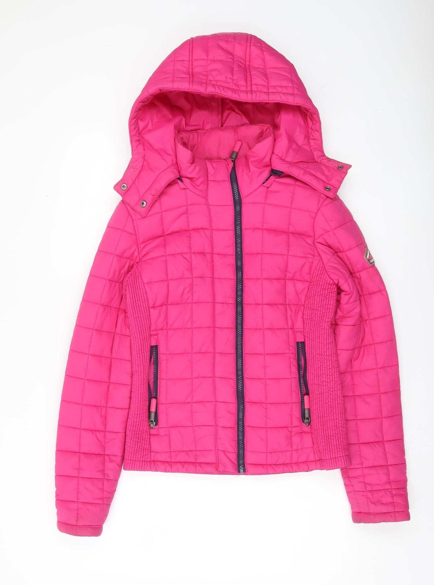 Superdry Womens Pink Puffer Jacket Small Hooded Quilted Zip Winter Coat